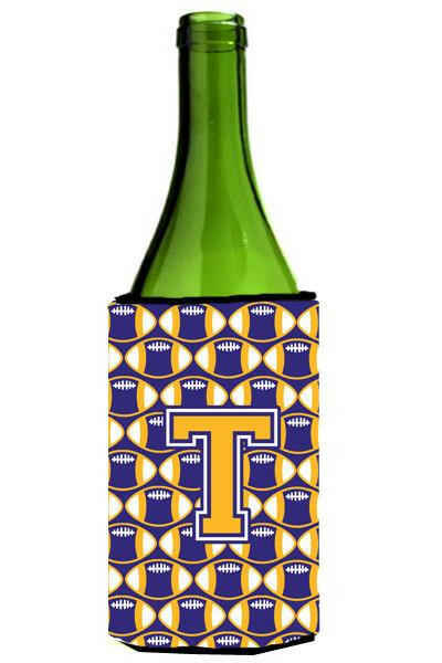 Letter T Football Purple and Gold Wine Bottle Beverage Insulator Hugger CJ1064-TLITERK by Caroline&#39;s Treasures