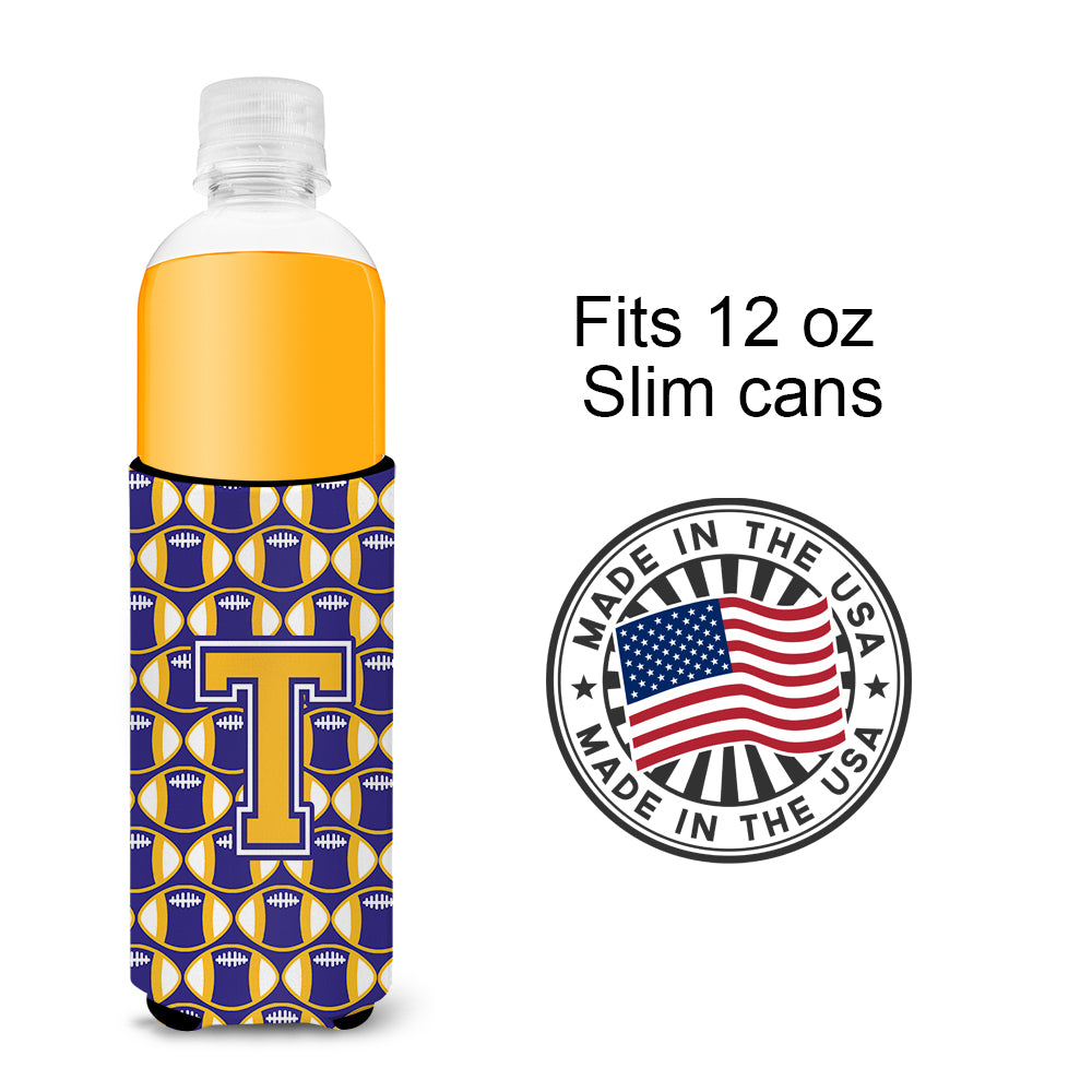 Letter T Football Purple and Gold Ultra Beverage Insulators for slim cans CJ1064-TMUK.