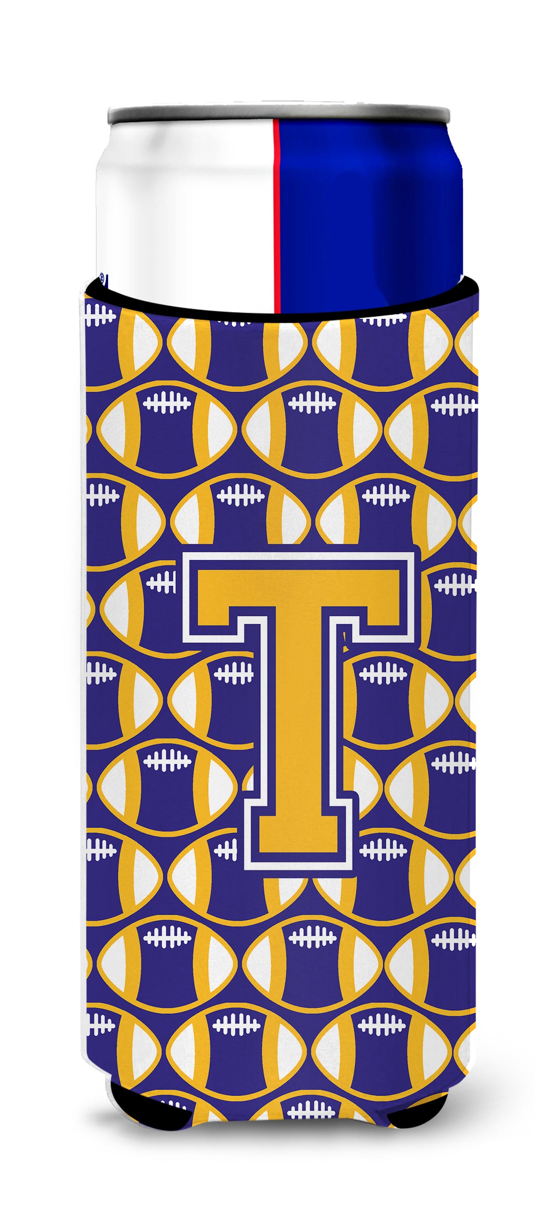 Letter T Football Purple and Gold Ultra Beverage Insulators for slim cans CJ1064-TMUK.
