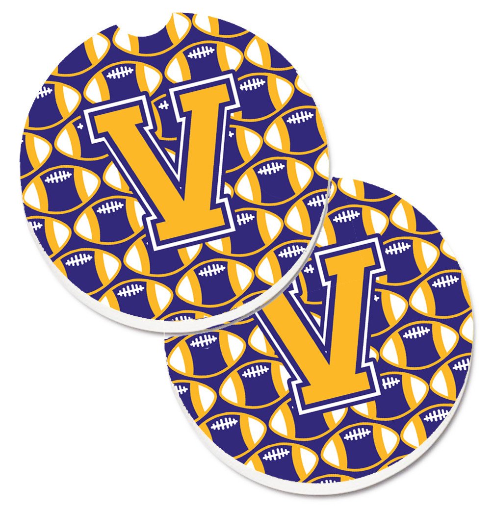 Letter V Football Purple and Gold Set of 2 Cup Holder Car Coasters CJ1064-VCARC by Caroline&#39;s Treasures