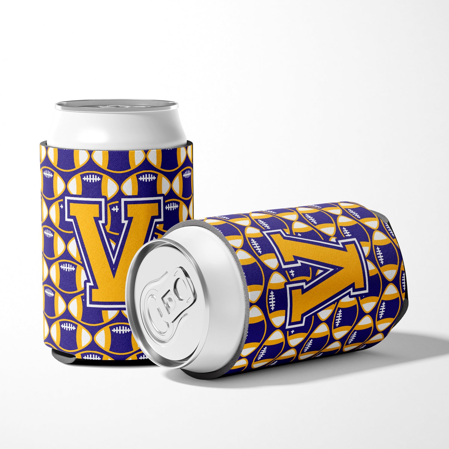 Letter V Football Purple and Gold Can or Bottle Hugger CJ1064-VCC.