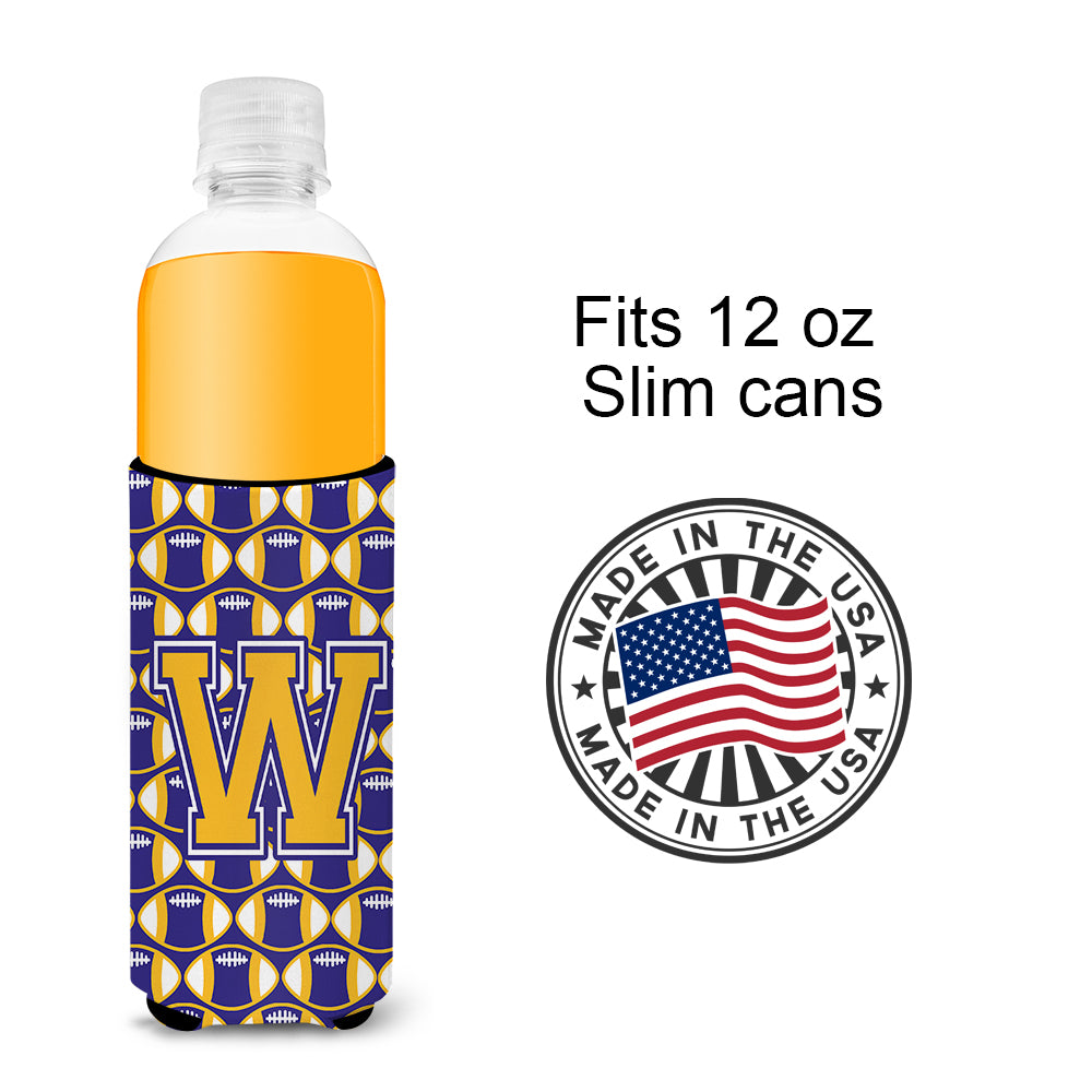 Letter W Football Purple and Gold Ultra Beverage Insulators for slim cans CJ1064-WMUK.