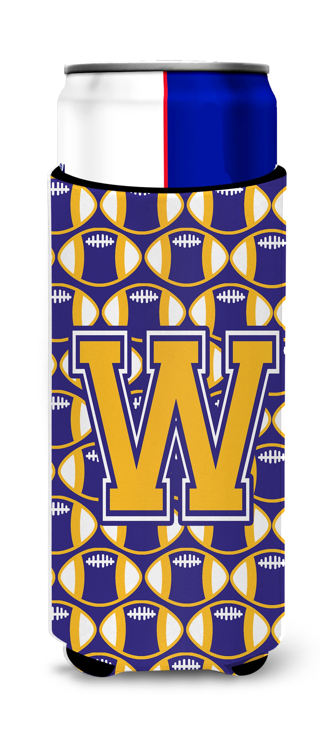 Letter W Football Purple and Gold Ultra Beverage Insulators for slim cans CJ1064-WMUK.