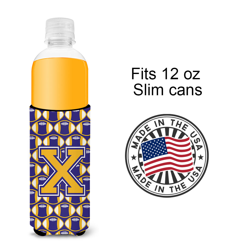 Letter X Football Purple and Gold Ultra Beverage Insulators for slim cans CJ1064-XMUK