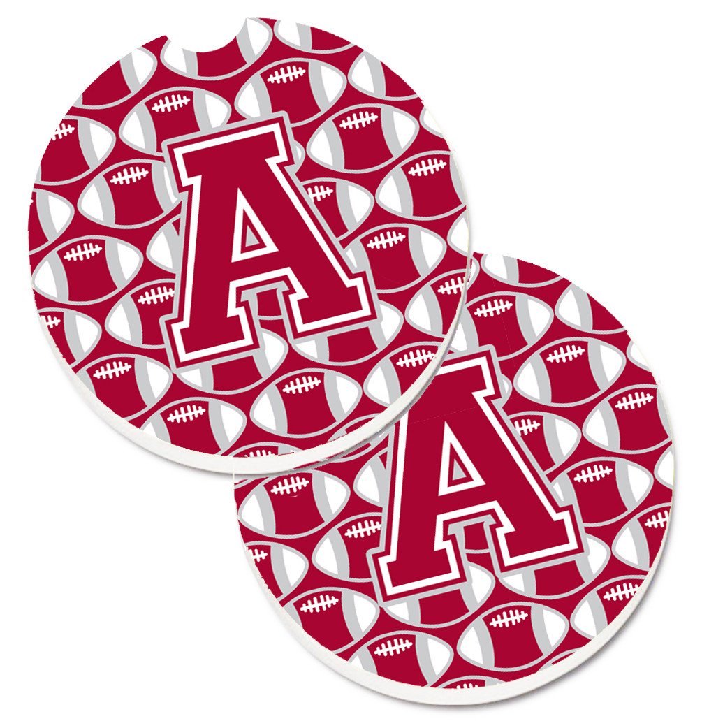Letter A Football Crimson, grey and white Set of 2 Cup Holder Car Coasters CJ1065-ACARC by Caroline&#39;s Treasures
