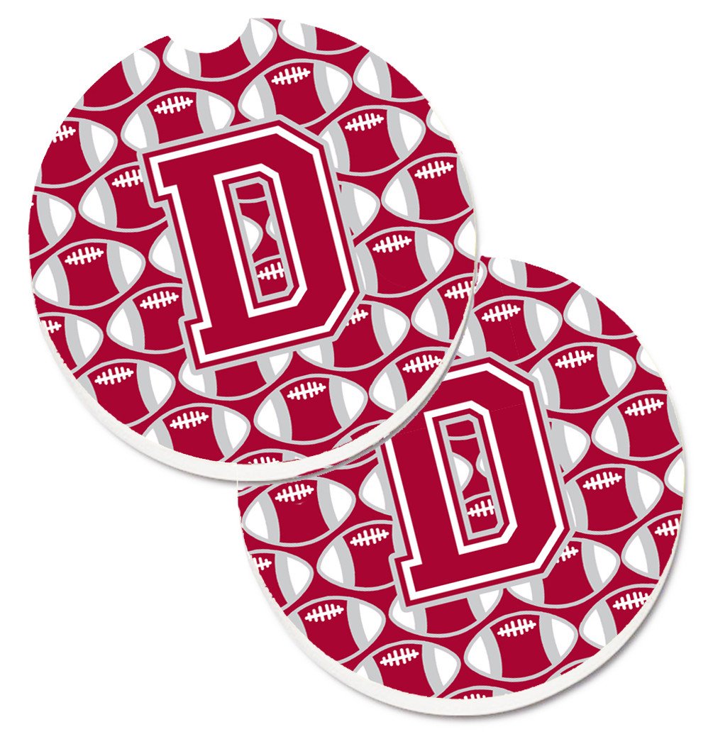 Letter D Football Crimson, grey and white Set of 2 Cup Holder Car Coasters CJ1065-DCARC by Caroline&#39;s Treasures