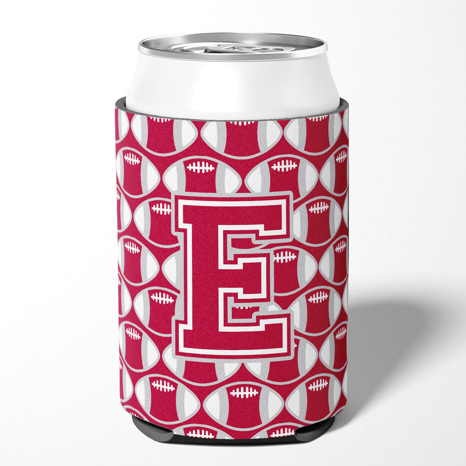 Letter E Football Crimson, grey and white Can or Bottle Hugger CJ1065-ECC.
