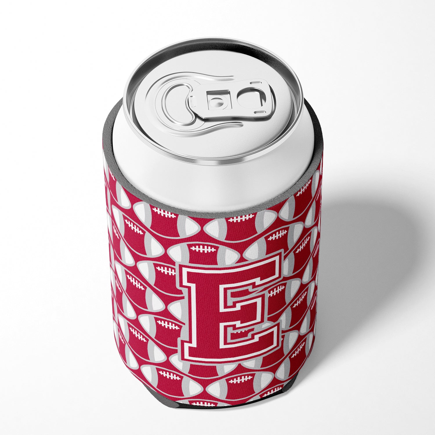 Letter E Football Crimson, grey and white Can or Bottle Hugger CJ1065-ECC.