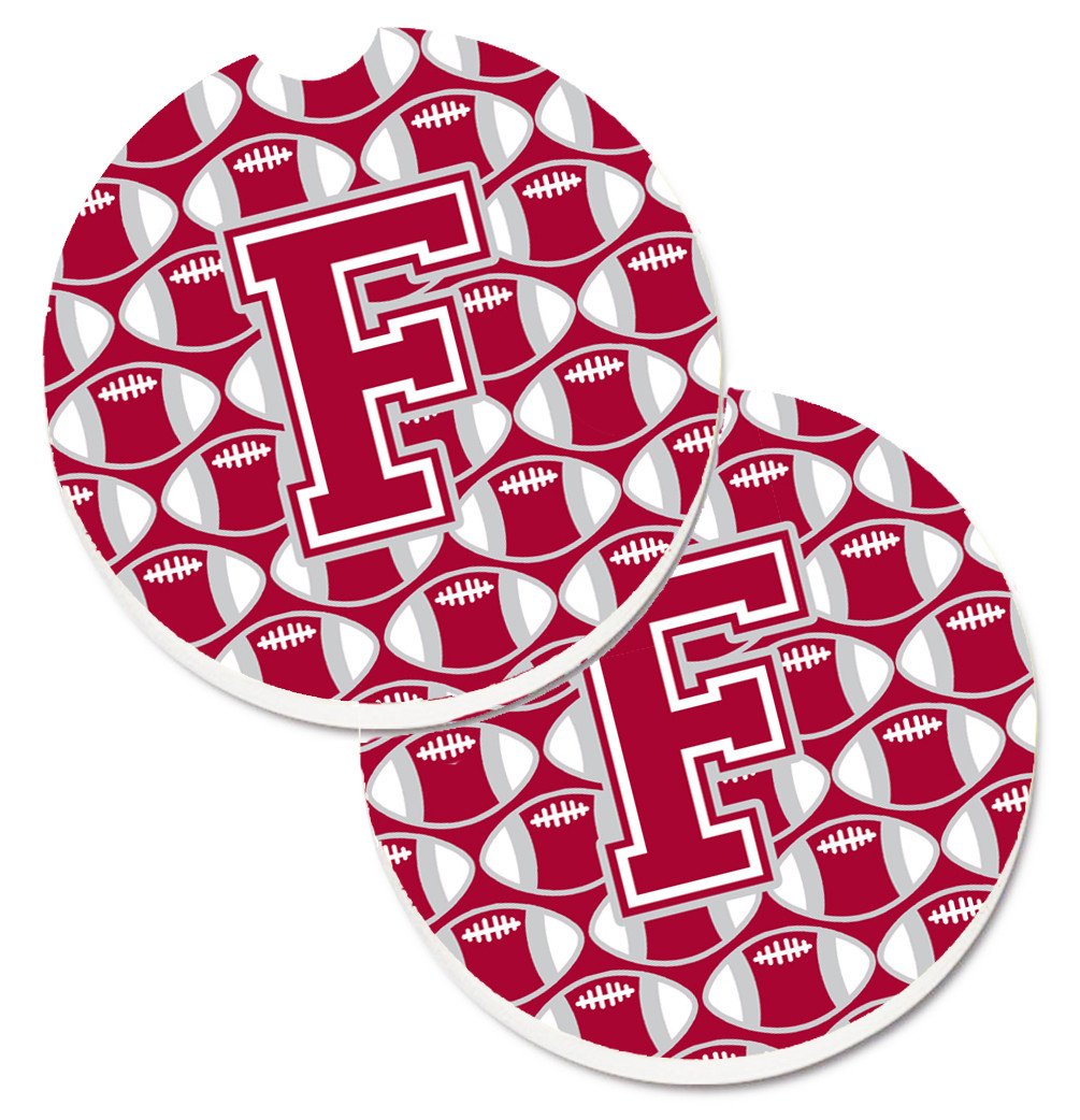 Letter F Football Crimson, grey and white Set of 2 Cup Holder Car Coasters CJ1065-FCARC by Caroline&#39;s Treasures