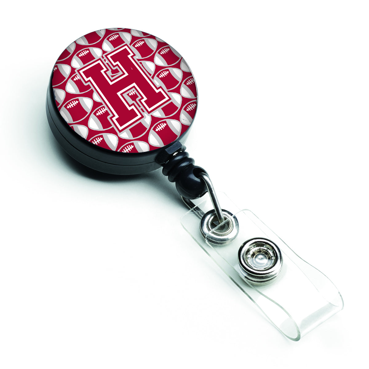 Letter H Football Crimson, grey and white Retractable Badge Reel CJ1065-HBR