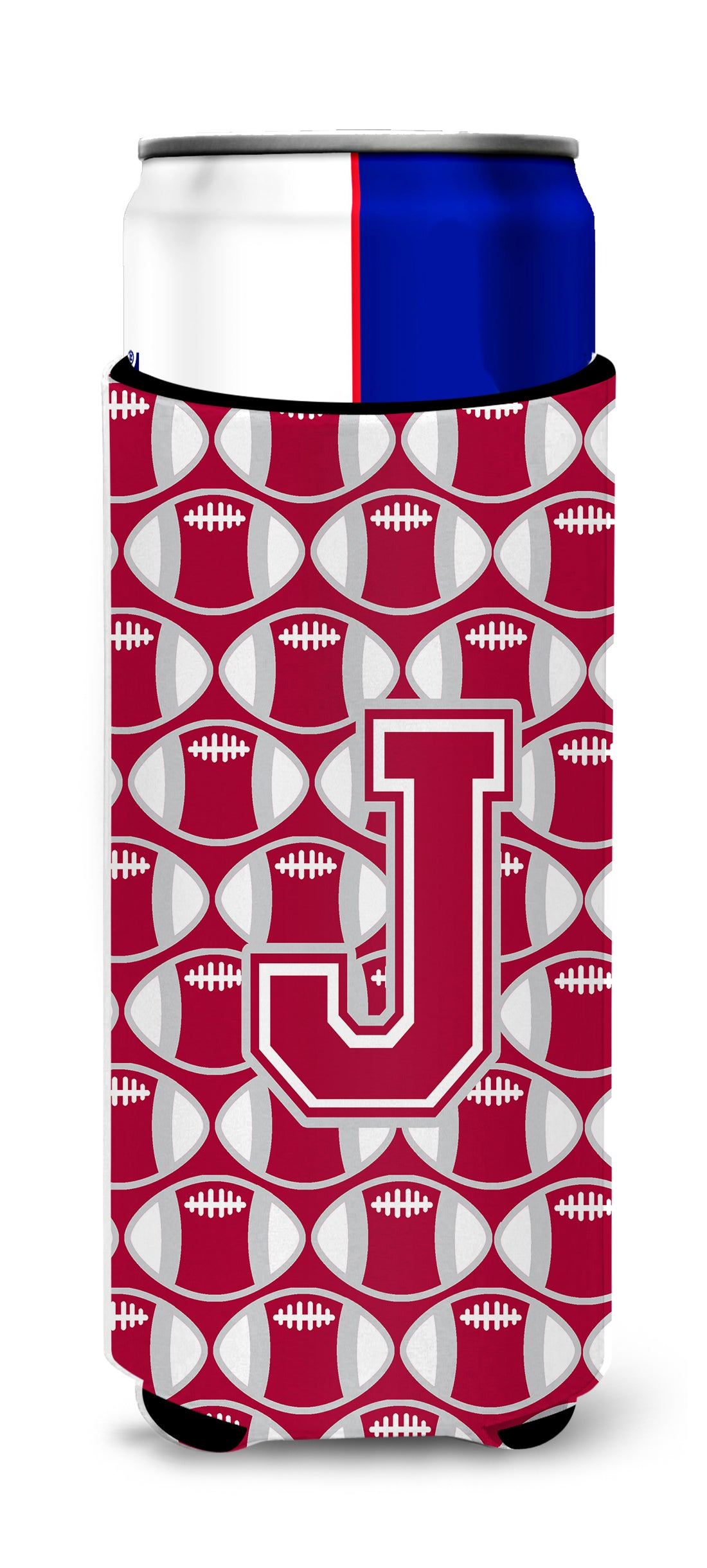 Lettre J Football Crimson, gris et blanc Ultra Beverage Isolateurs pour canettes minces CJ1065-JMUK