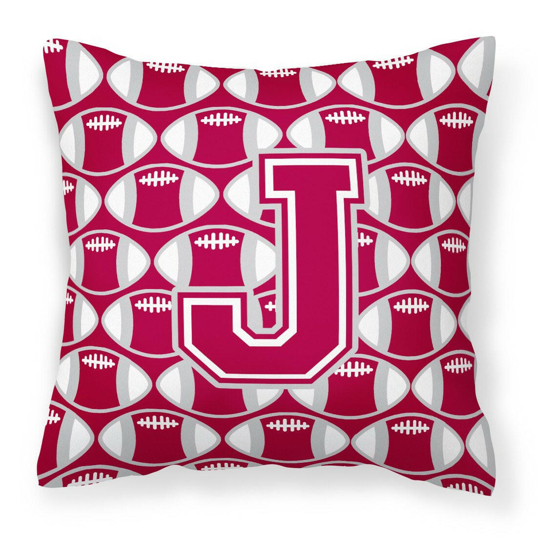 Letter J Football Crimson, grey and white Fabric Decorative Pillow CJ1065-JPW1414 by Caroline&#39;s Treasures