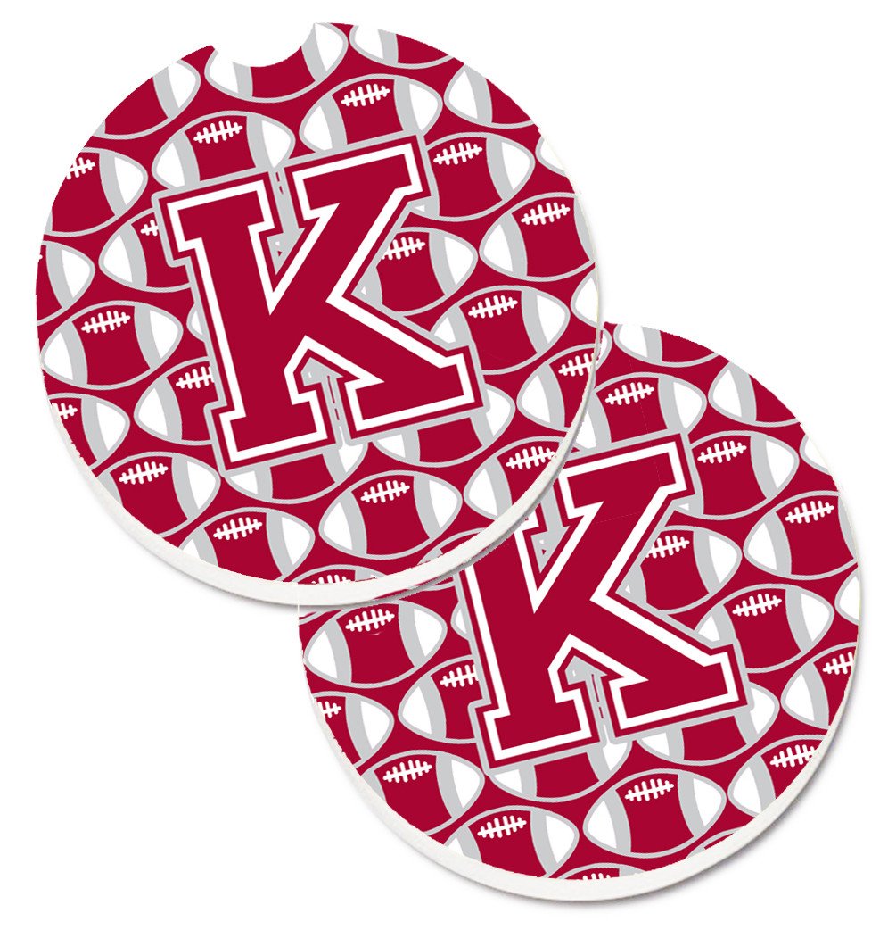Letter K Football Crimson, grey and white Set of 2 Cup Holder Car Coasters CJ1065-KCARC by Caroline&#39;s Treasures