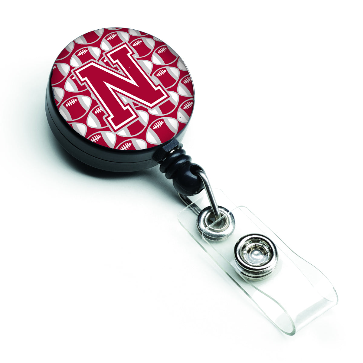 Letter N Football Crimson, grey and white Retractable Badge Reel CJ1065-NBR.