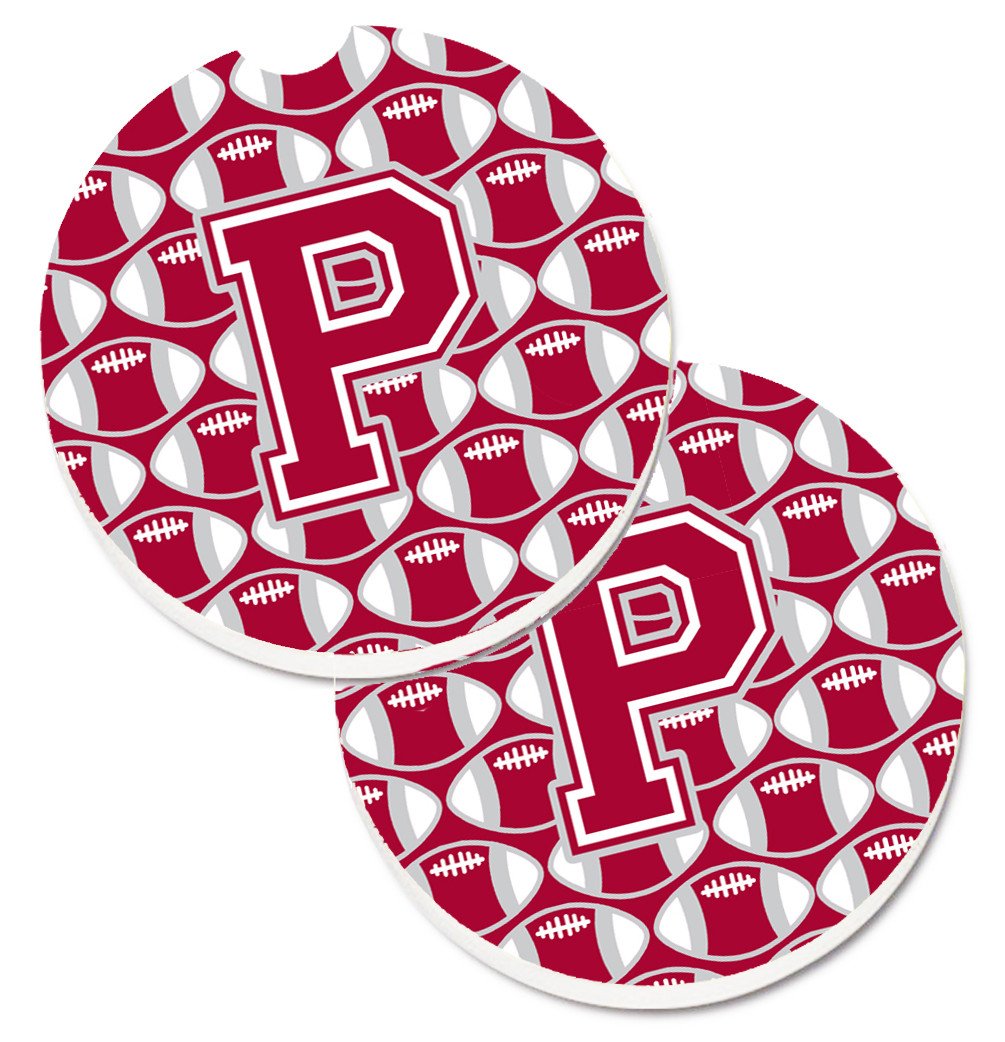 Letter P Football Crimson, grey and white Set of 2 Cup Holder Car Coasters CJ1065-PCARC by Caroline's Treasures