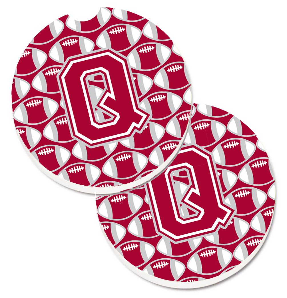 Letter Q Football Crimson, grey and white Set of 2 Cup Holder Car Coasters CJ1065-QCARC by Caroline&#39;s Treasures
