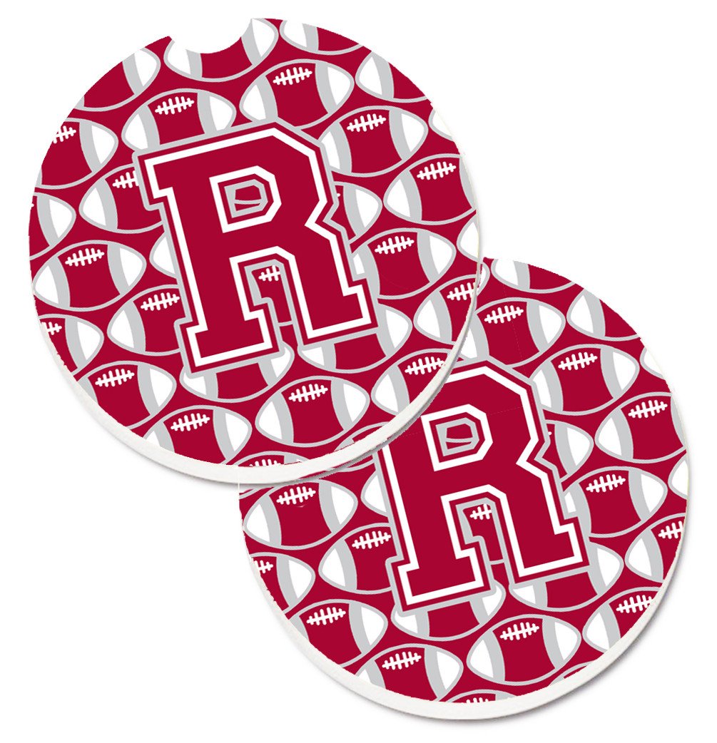 Letter R Football Crimson, grey and white Set of 2 Cup Holder Car Coasters CJ1065-RCARC by Caroline&#39;s Treasures