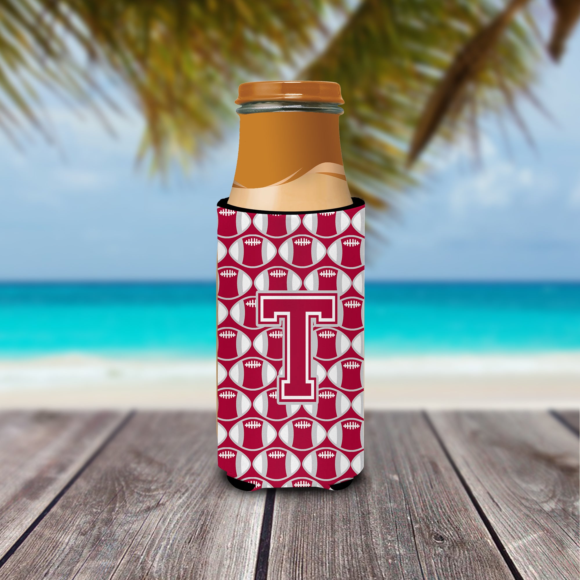 Letter T Football Crimson, grey and white Ultra Beverage Insulators for slim cans CJ1065-TMUK.