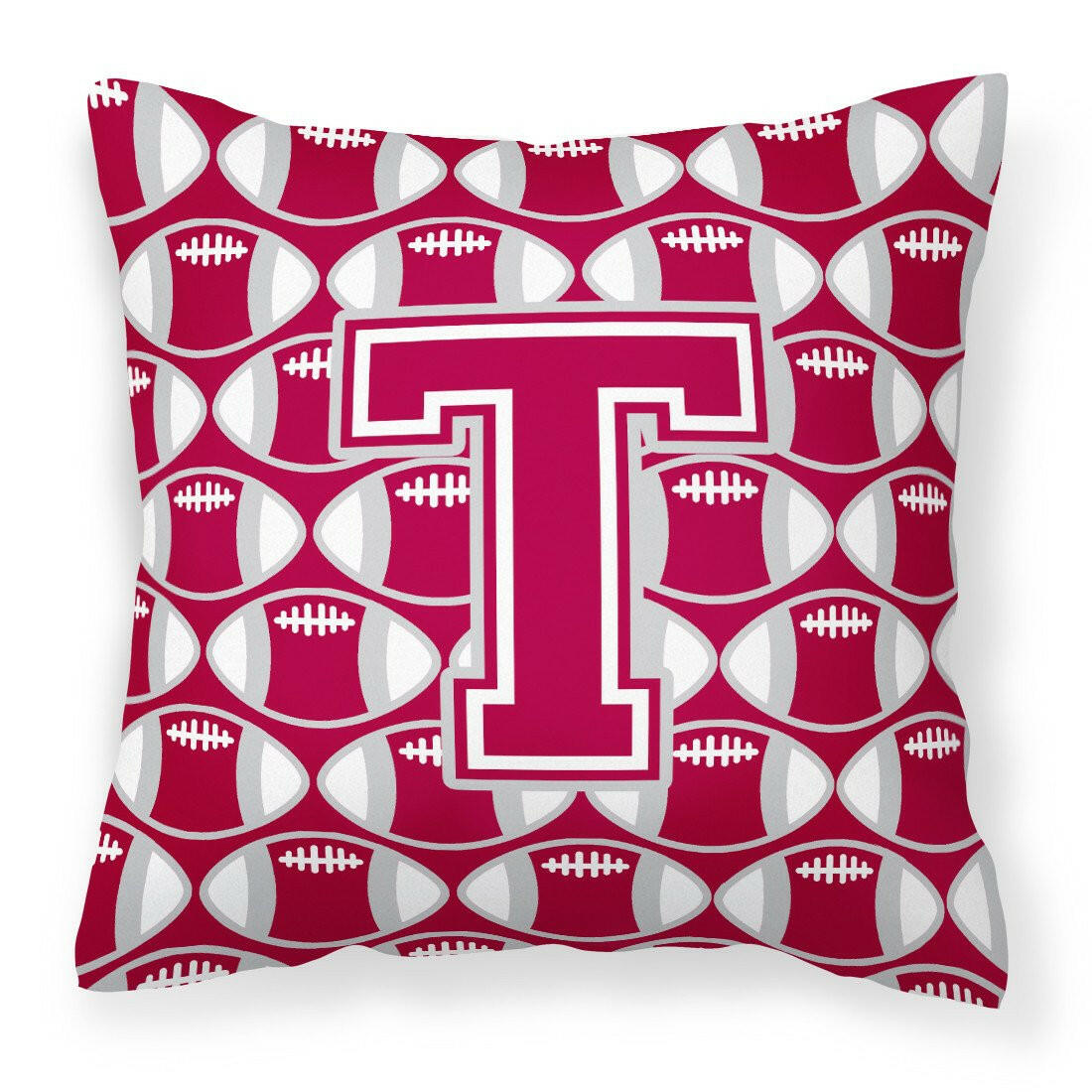 Letter T Football Crimson, grey and white Fabric Decorative Pillow CJ1065-TPW1414 by Caroline&#39;s Treasures