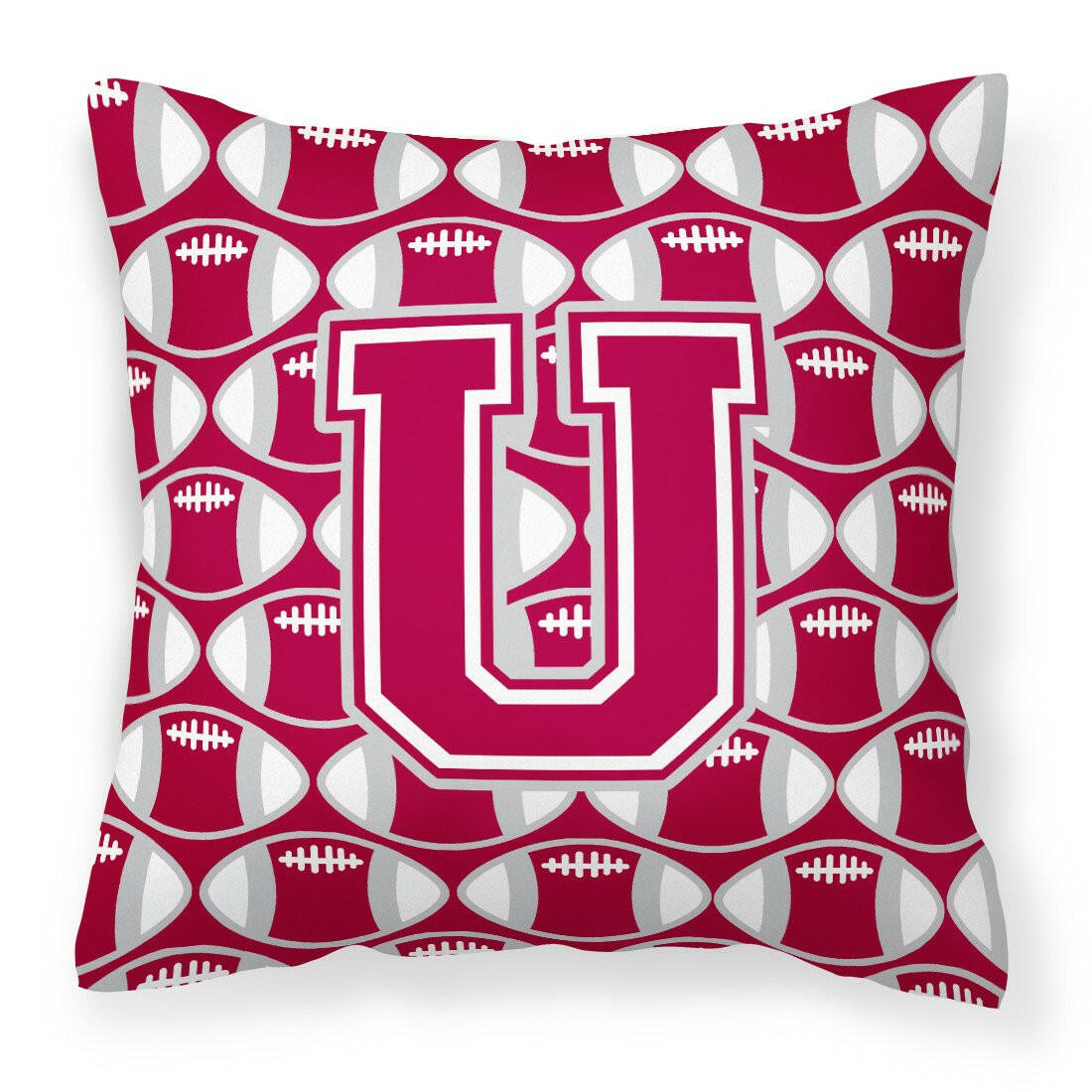 Letter U Football Crimson, grey and white Fabric Decorative Pillow CJ1065-UPW1414 by Caroline&#39;s Treasures