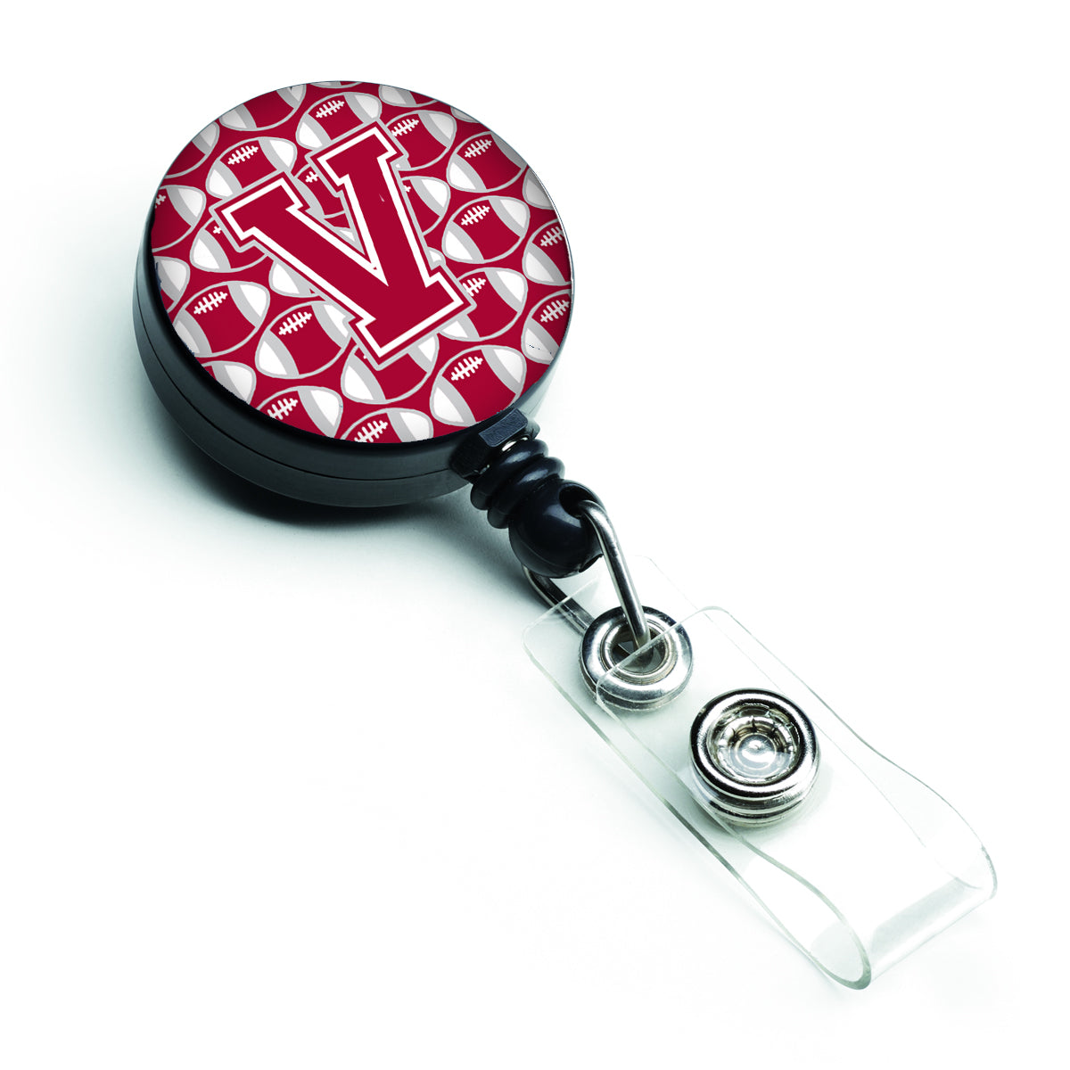 Letter V Football Crimson, grey and white Retractable Badge Reel CJ1065-VBR