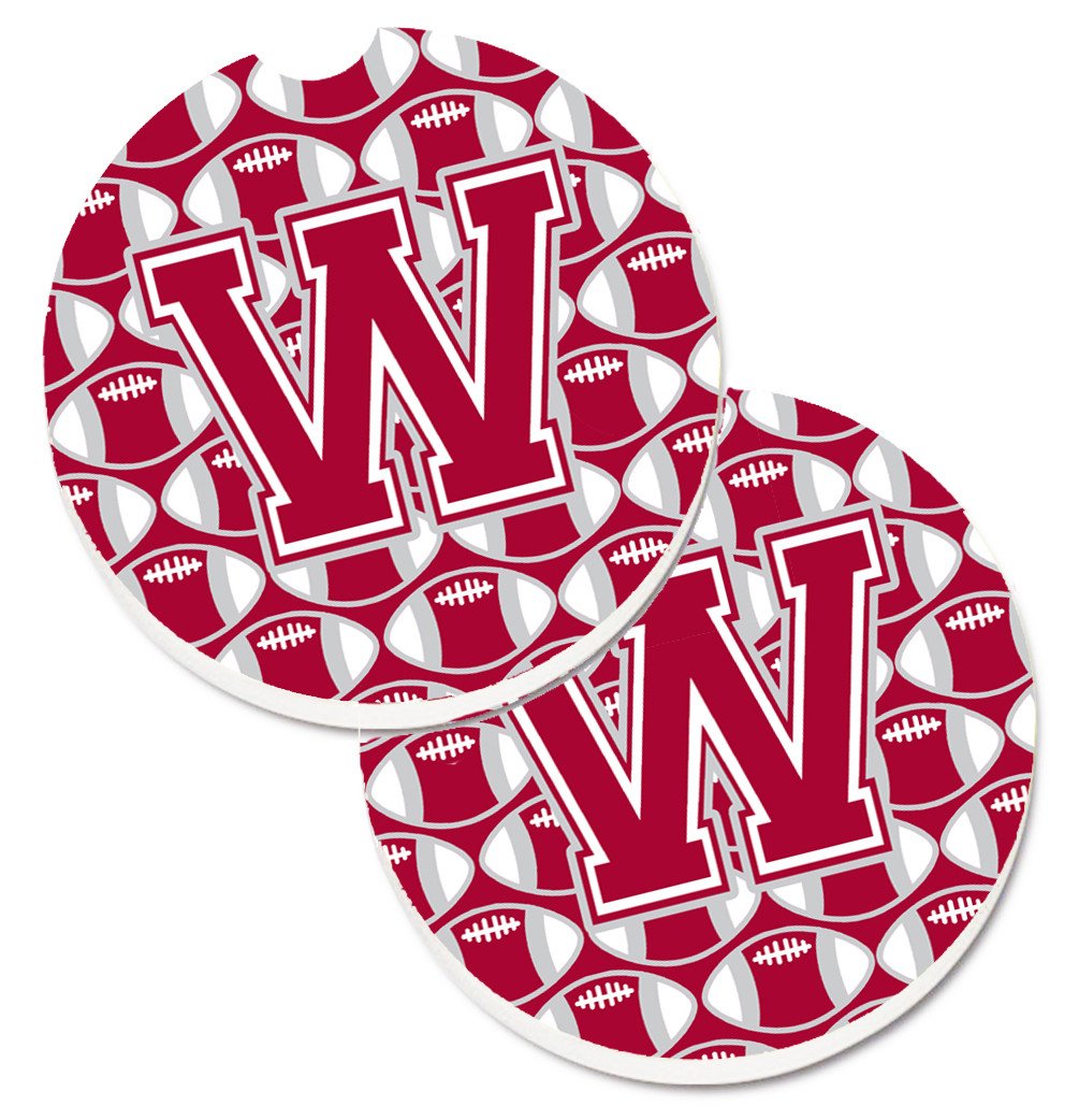 Letter W Football Crimson, grey and white Set of 2 Cup Holder Car Coasters CJ1065-WCARC by Caroline&#39;s Treasures