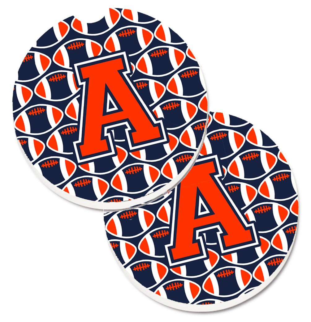 Letter A Football Orange, Blue and white Set of 2 Cup Holder Car Coasters CJ1066-ACARC by Caroline&#39;s Treasures