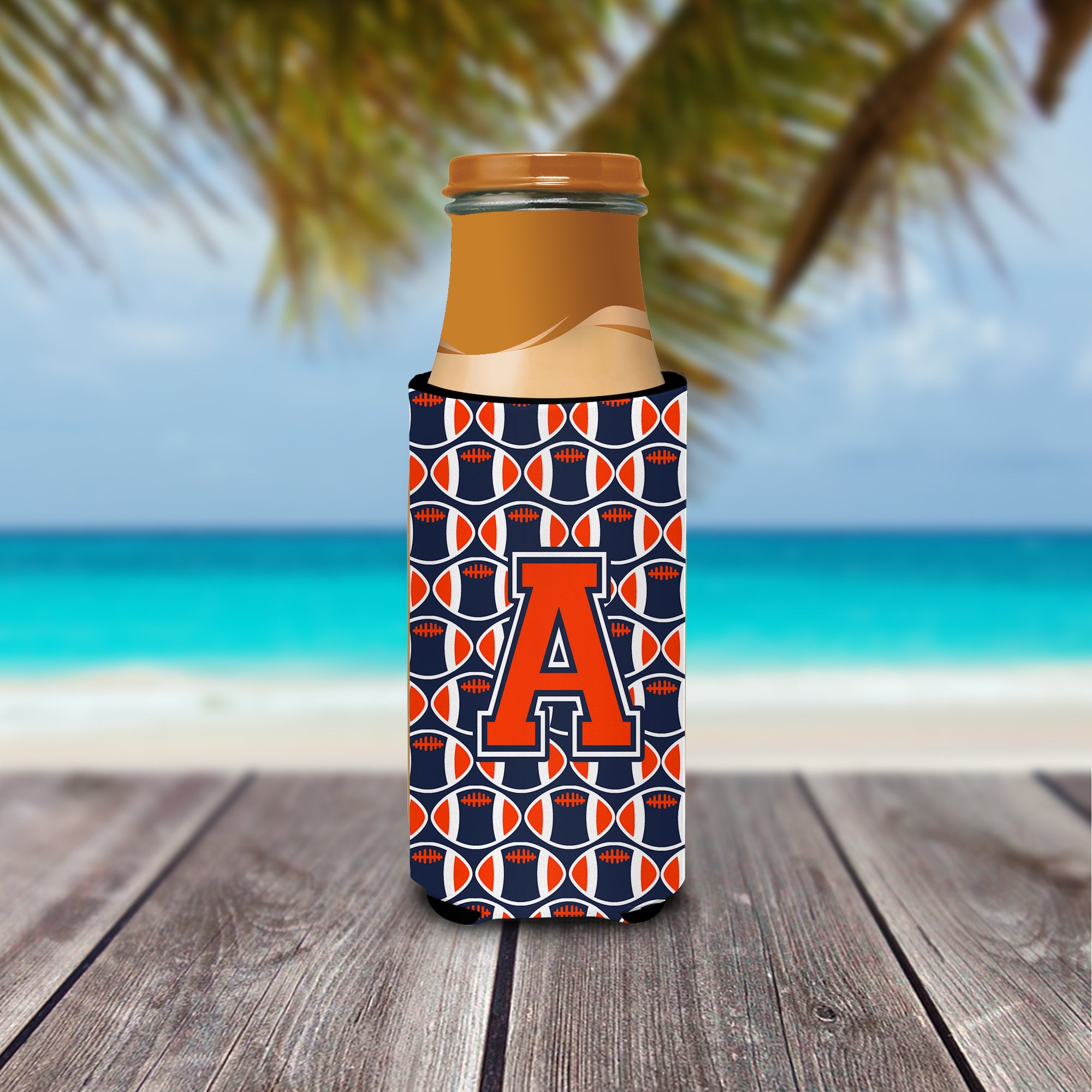 Letter A Football Orange, Blue and white Ultra Beverage Insulators for slim cans CJ1066-AMUK.