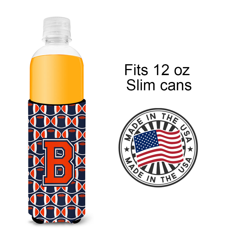 Letter B Football Orange, Blue and white Ultra Beverage Insulators for slim cans CJ1066-BMUK.