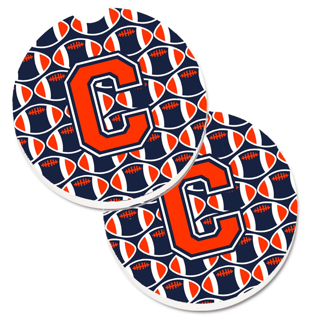 Letter C Football Orange, Blue and white Set of 2 Cup Holder Car Coasters CJ1066-CCARC by Caroline&#39;s Treasures