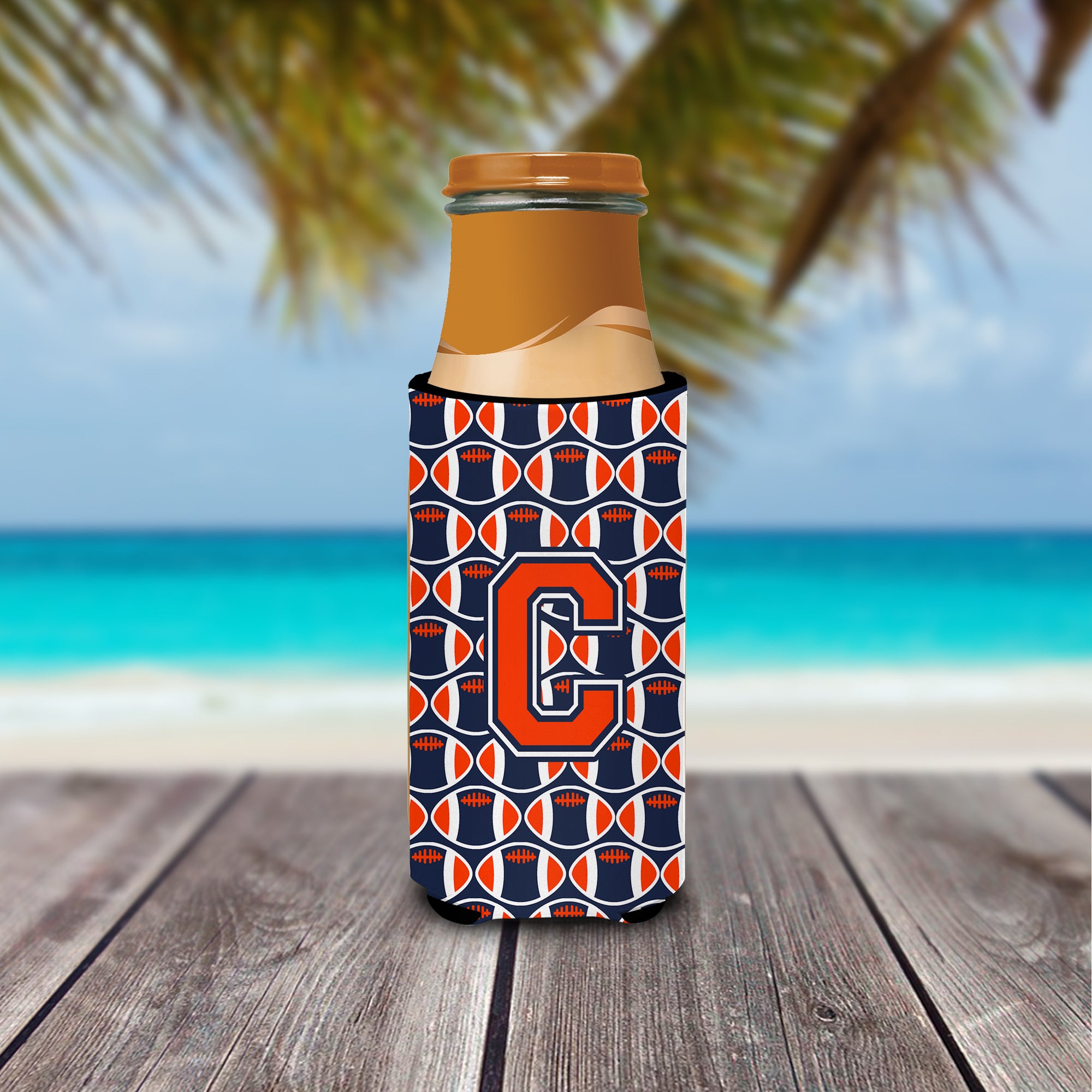 Letter C Football Orange, Blue and white Ultra Beverage Insulators for slim cans CJ1066-CMUK.