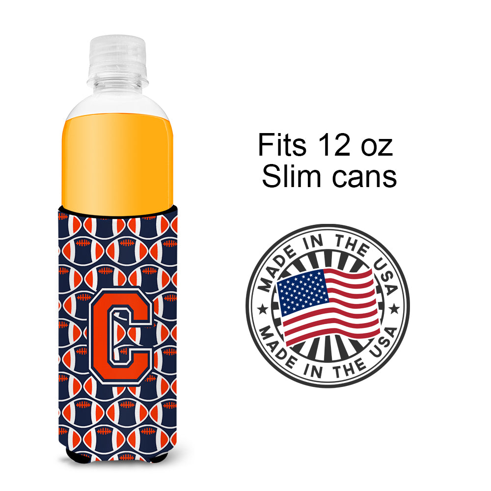 Letter C Football Orange, Blue and white Ultra Beverage Insulators for slim cans CJ1066-CMUK.