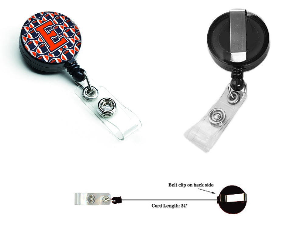 Letter E Football Orange, Blue and white Retractable Badge Reel CJ1066-EBR