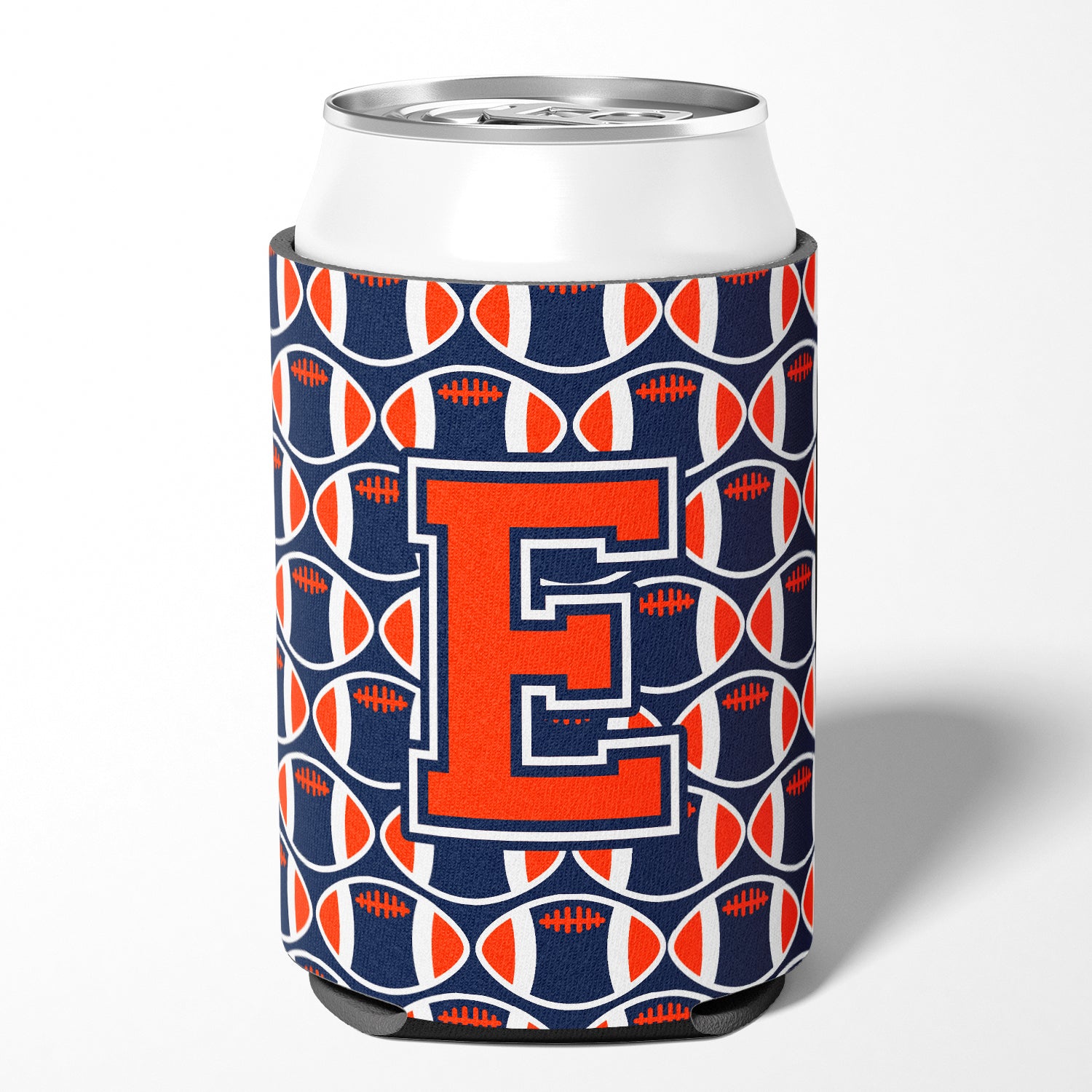 Letter E Football Orange, Blue and white Can or Bottle Hugger CJ1066-ECC.