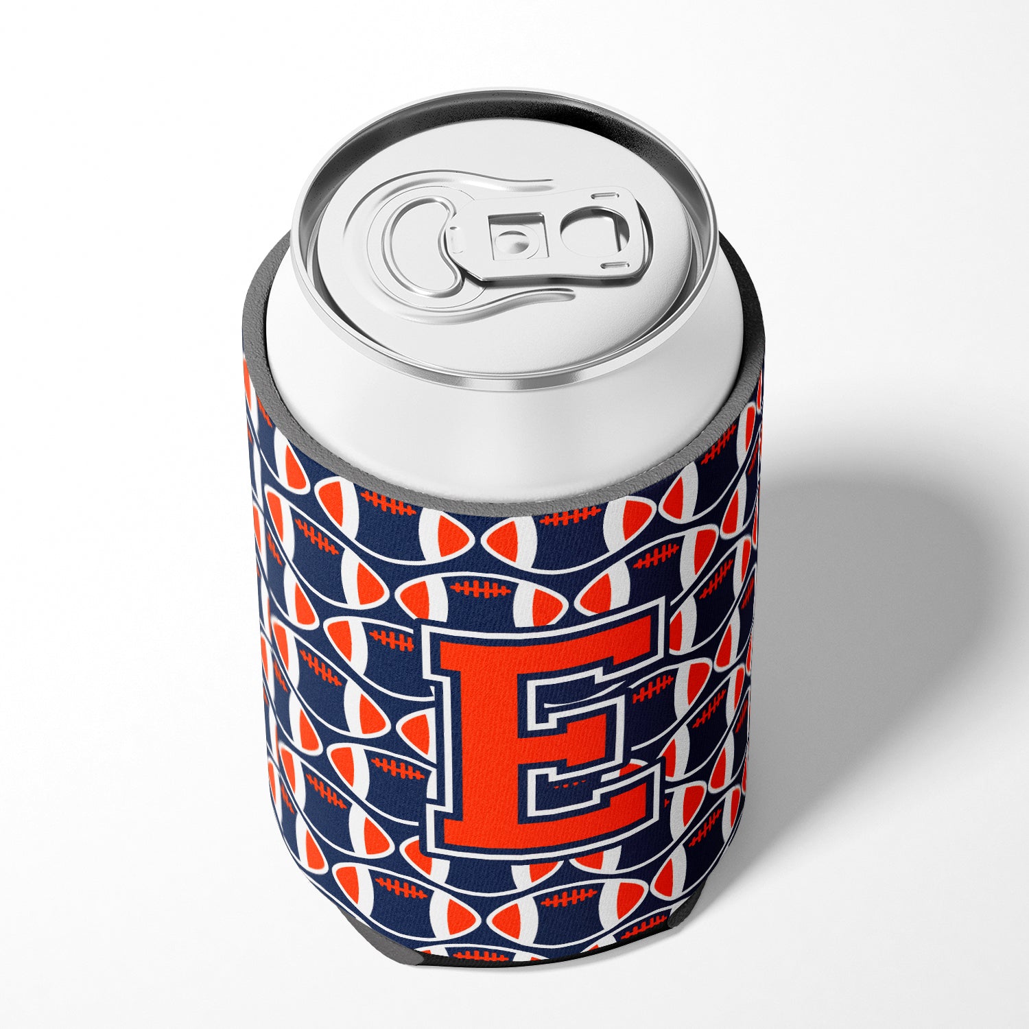 Letter E Football Orange, Blue and white Can or Bottle Hugger CJ1066-ECC.