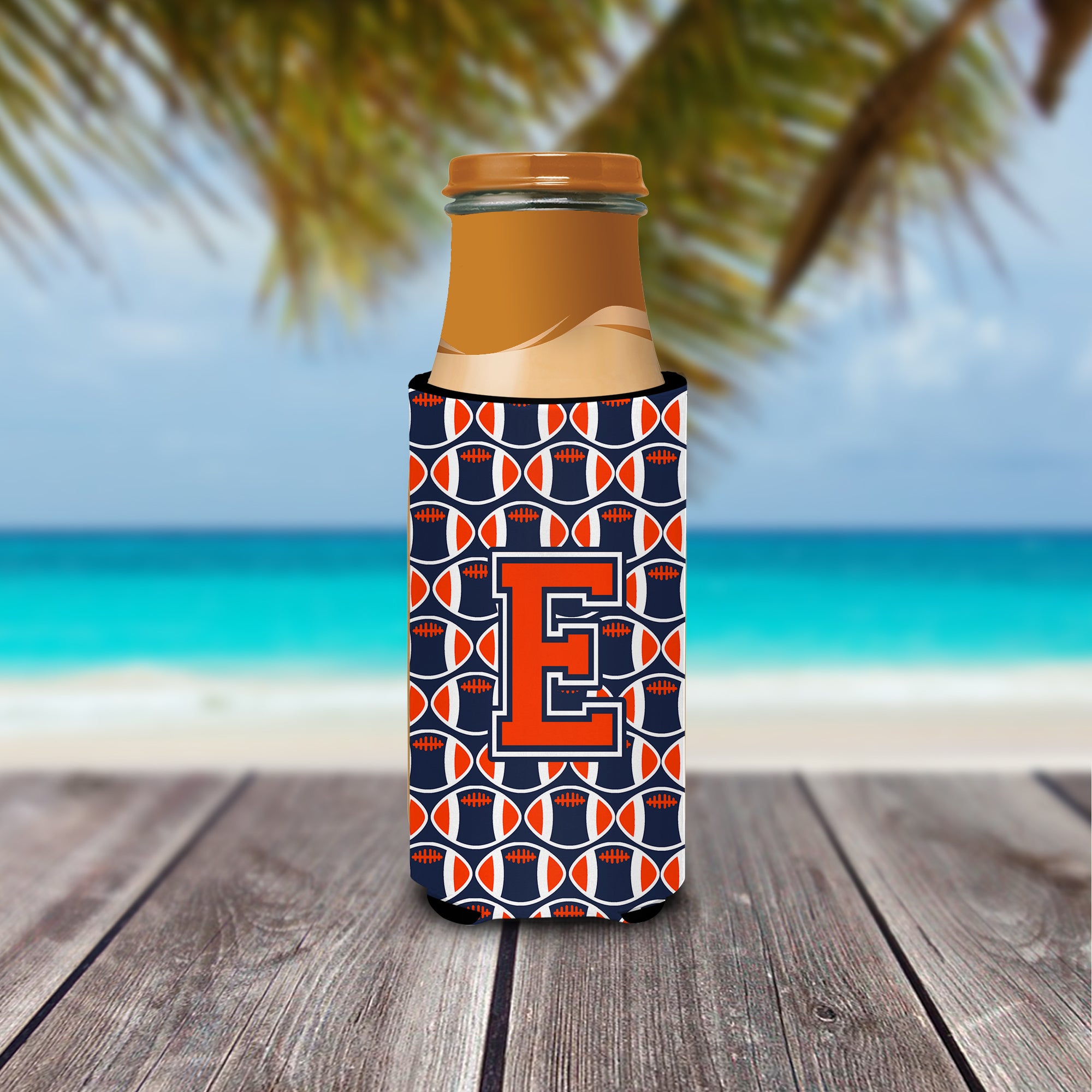 Letter E Football Orange, Blue and white Ultra Beverage Insulators for slim cans CJ1066-EMUK.