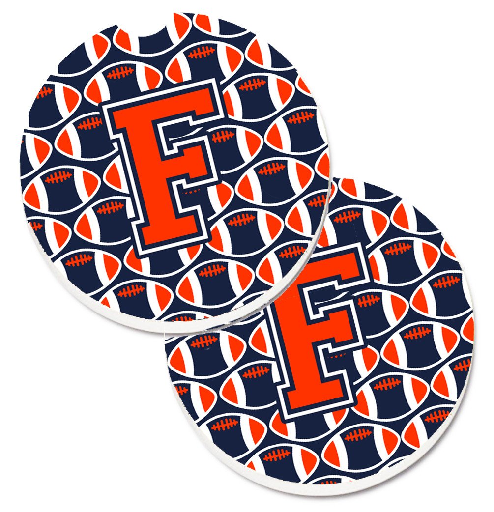 Letter F Football Orange, Blue and white Set of 2 Cup Holder Car Coasters CJ1066-FCARC by Caroline&#39;s Treasures