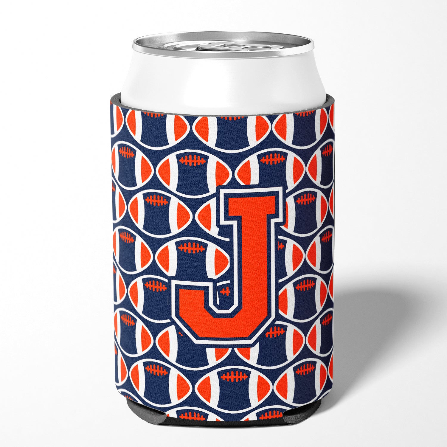 Lettre J Football orange, bleu et blanc Porte-canette ou porte-bouteille CJ1066-JCC