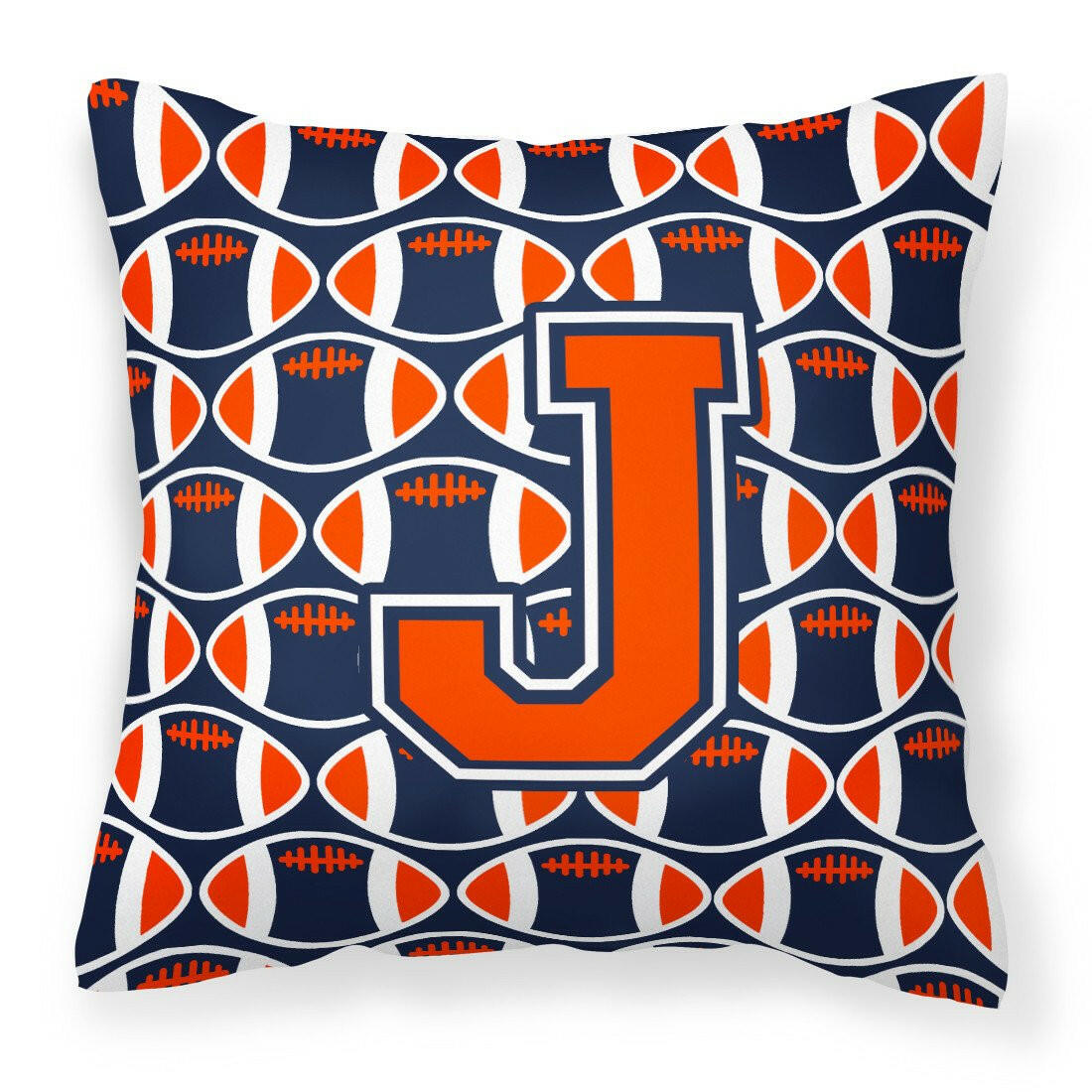 Letter J Football Orange, Blue and white Fabric Decorative Pillow CJ1066-JPW1414 by Caroline&#39;s Treasures