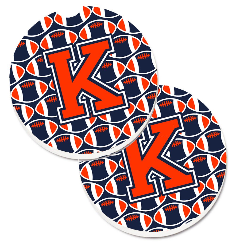 Letter K Football Orange, Blue and white Set of 2 Cup Holder Car Coasters CJ1066-KCARC by Caroline&#39;s Treasures