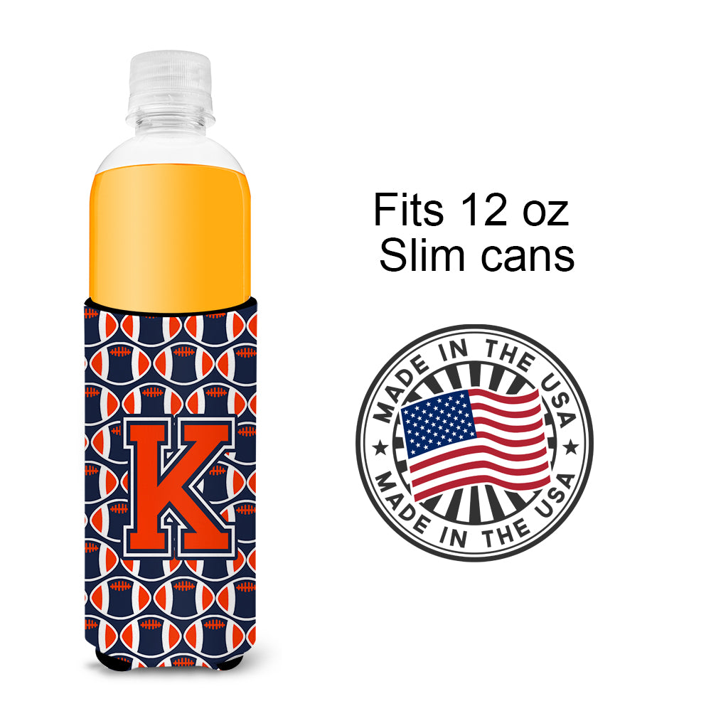 Letter K Football Orange, Blue and white Ultra Beverage Insulators for slim cans CJ1066-KMUK.