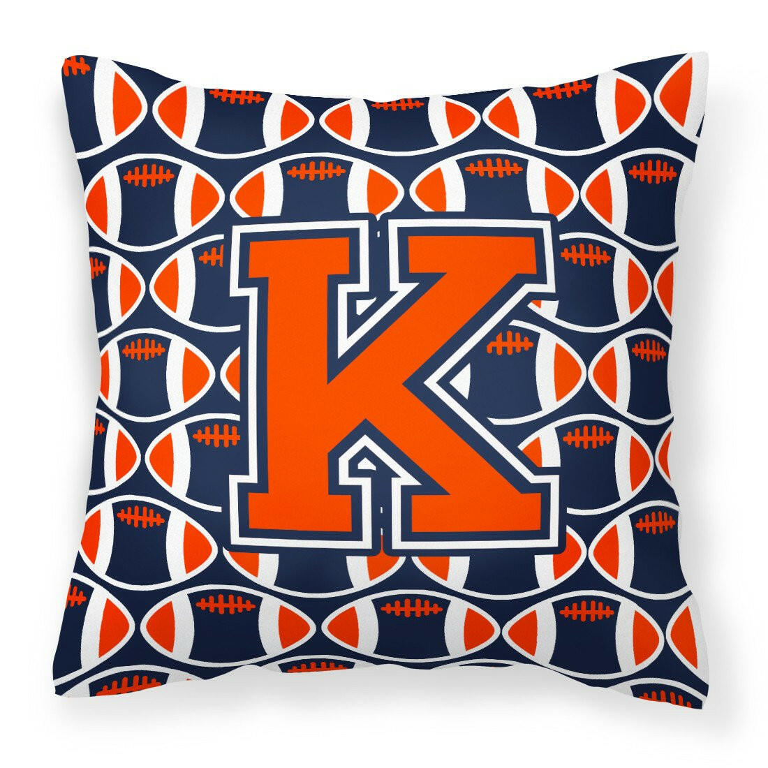 Letter K Football Orange, Blue and white Fabric Decorative Pillow CJ1066-KPW1414 by Caroline's Treasures