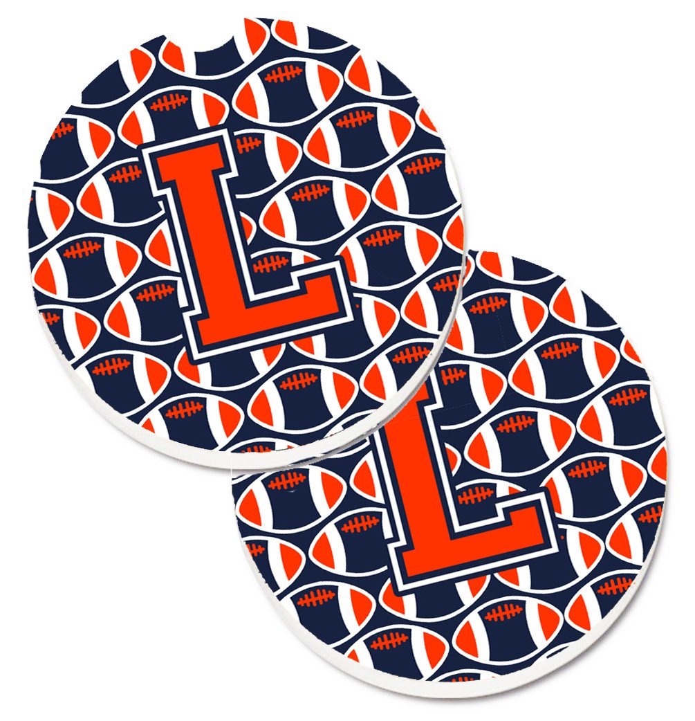 Letter L Football Orange, Blue and white Set of 2 Cup Holder Car Coasters CJ1066-LCARC by Caroline&#39;s Treasures