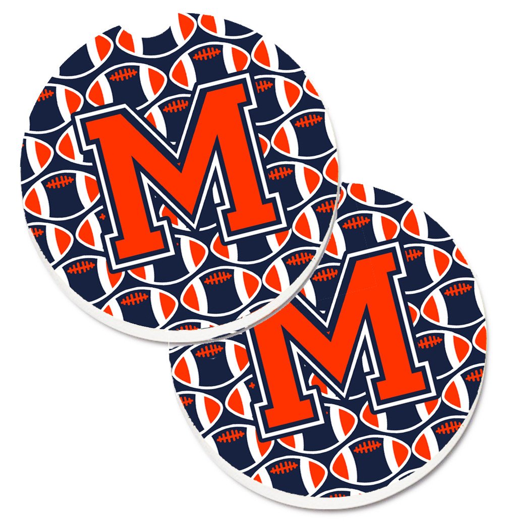 Letter M Football Orange, Blue and white Set of 2 Cup Holder Car Coasters CJ1066-MCARC by Caroline&#39;s Treasures
