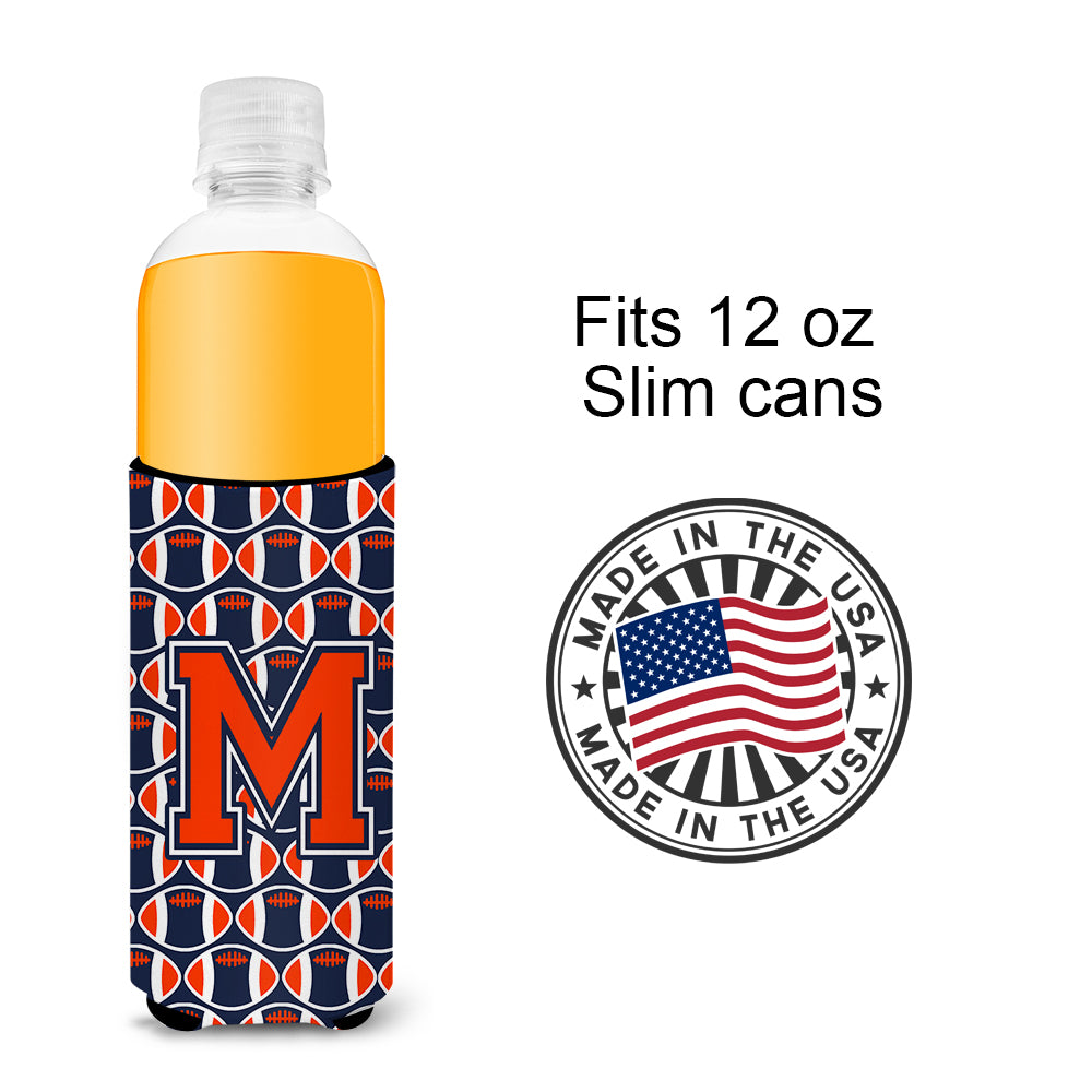 Letter M Football Orange, Blue and white Ultra Beverage Insulators for slim cans CJ1066-MMUK.