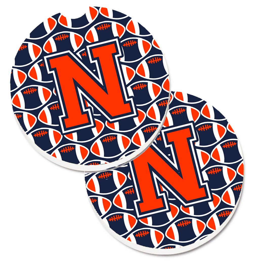 Letter N Football Orange, Blue and white Set of 2 Cup Holder Car Coasters CJ1066-NCARC by Caroline&#39;s Treasures
