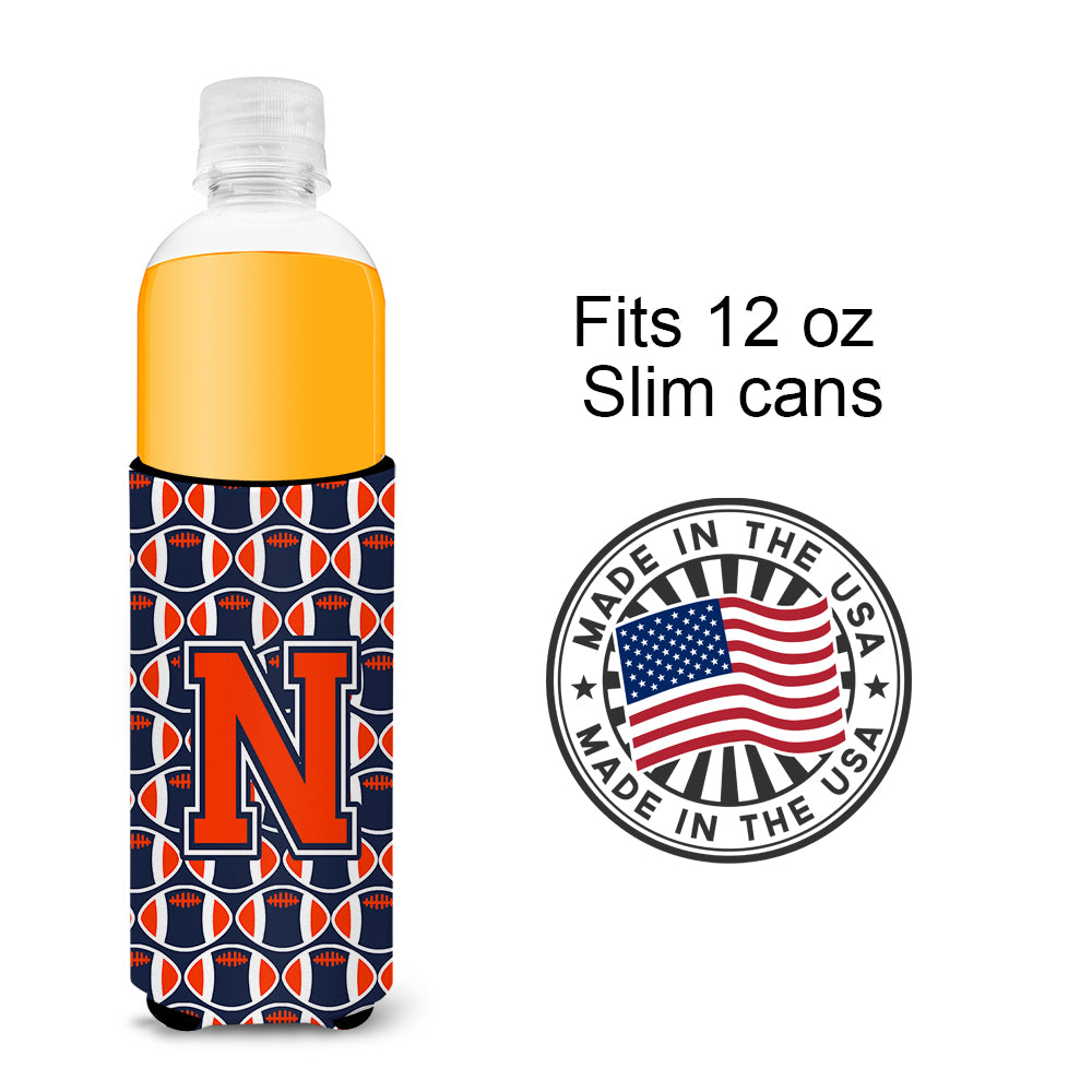 Letter N Football Orange, Blue and white Ultra Beverage Insulators for slim cans CJ1066-NMUK.