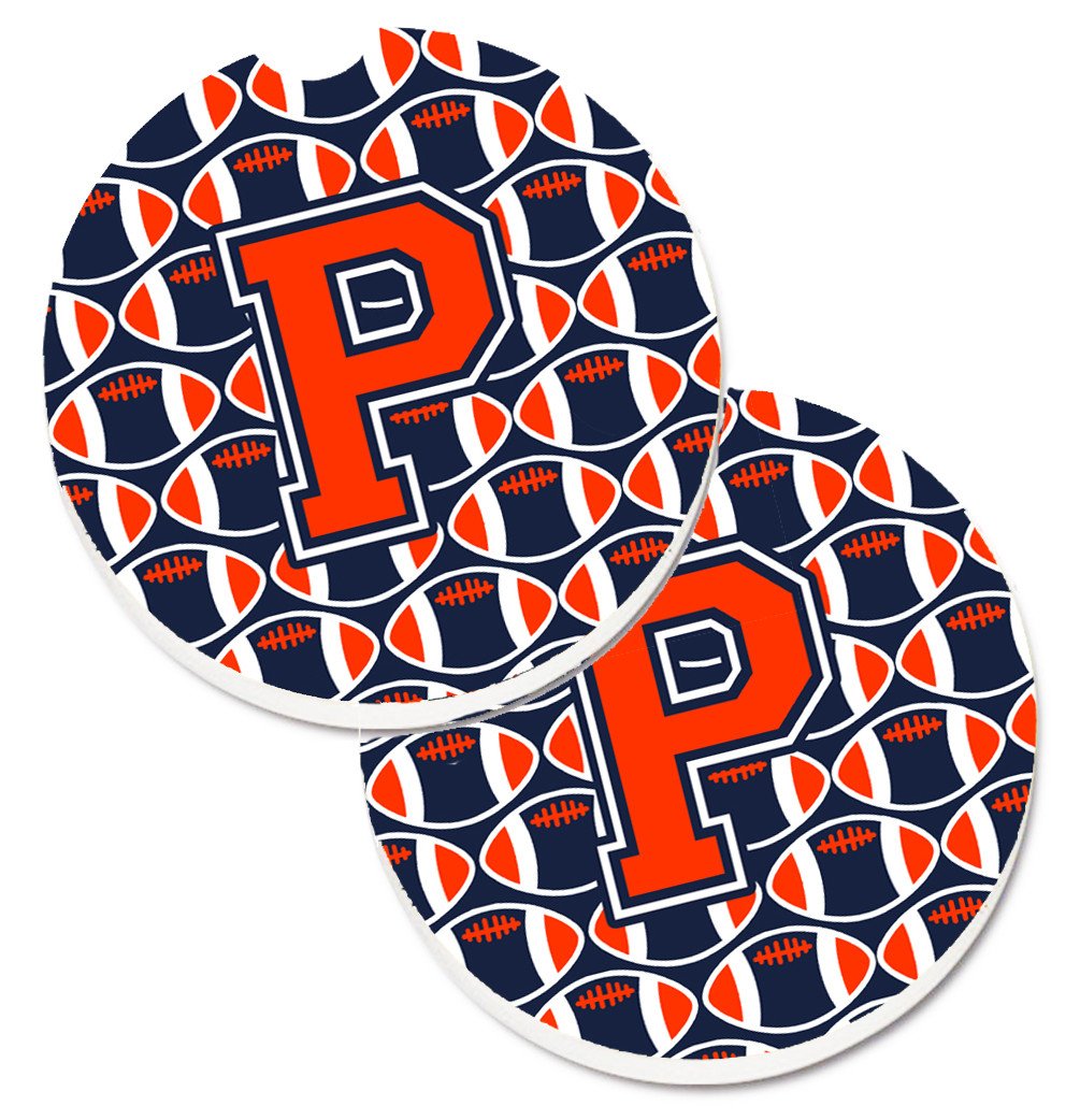 Letter P Football Orange, Blue and white Set of 2 Cup Holder Car Coasters CJ1066-PCARC by Caroline&#39;s Treasures