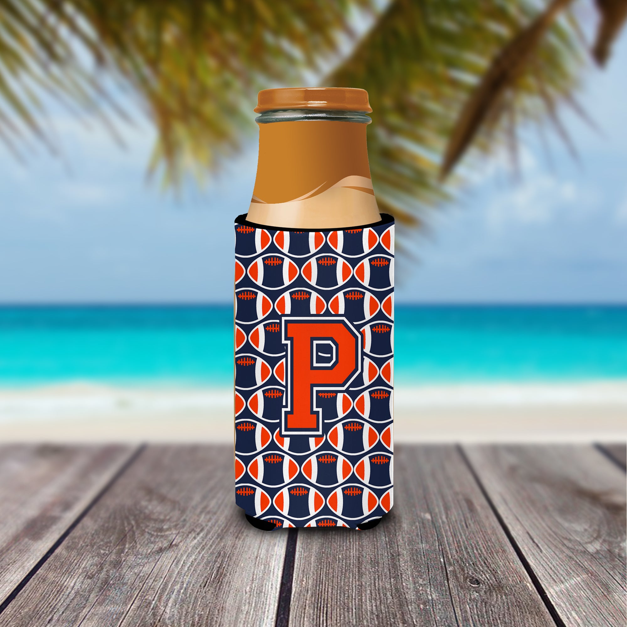 Letter P Football Orange, Blue and white Ultra Beverage Insulators for slim cans CJ1066-PMUK