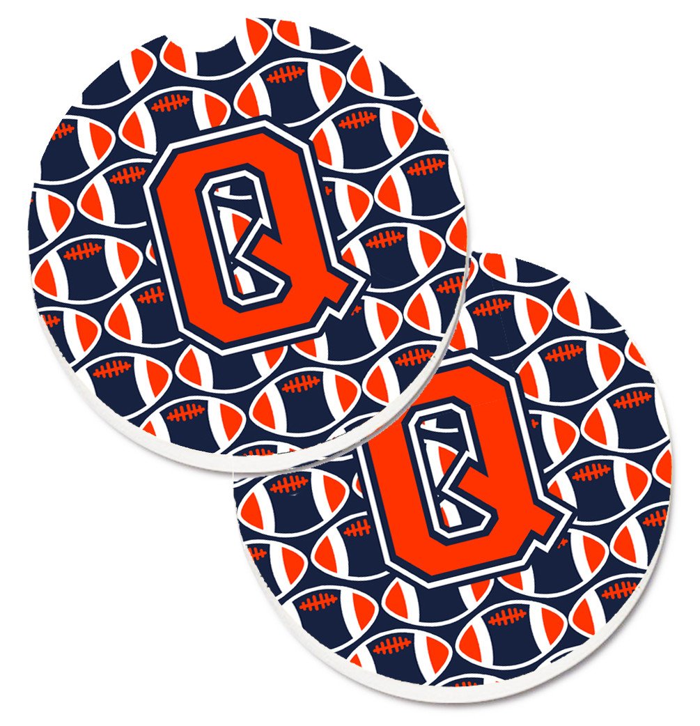 Letter Q Football Orange, Blue and white Set of 2 Cup Holder Car Coasters CJ1066-QCARC by Caroline&#39;s Treasures